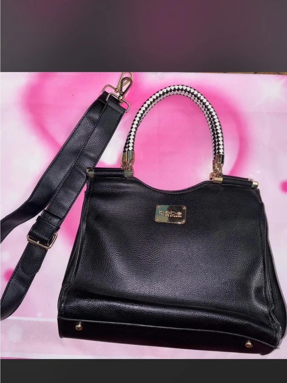 bebe Black Leather Satchel with Braided Top Handle & Removable Strap